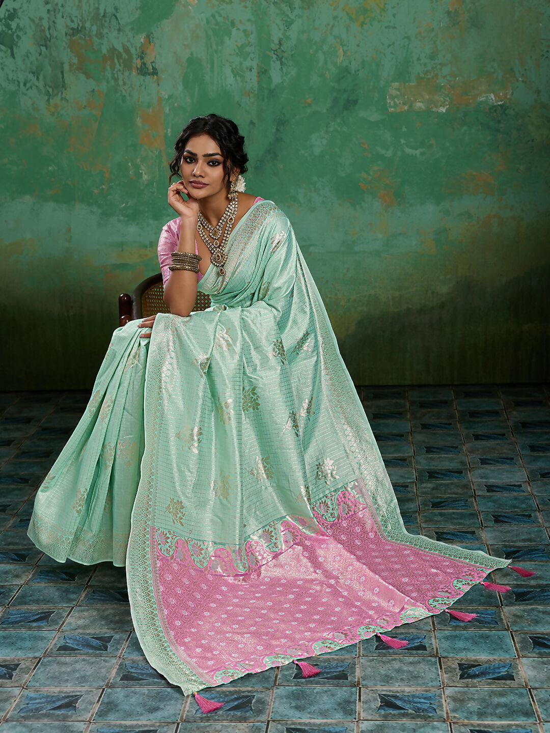 Rama Green Linen Cotton Saree with Matching Blouse