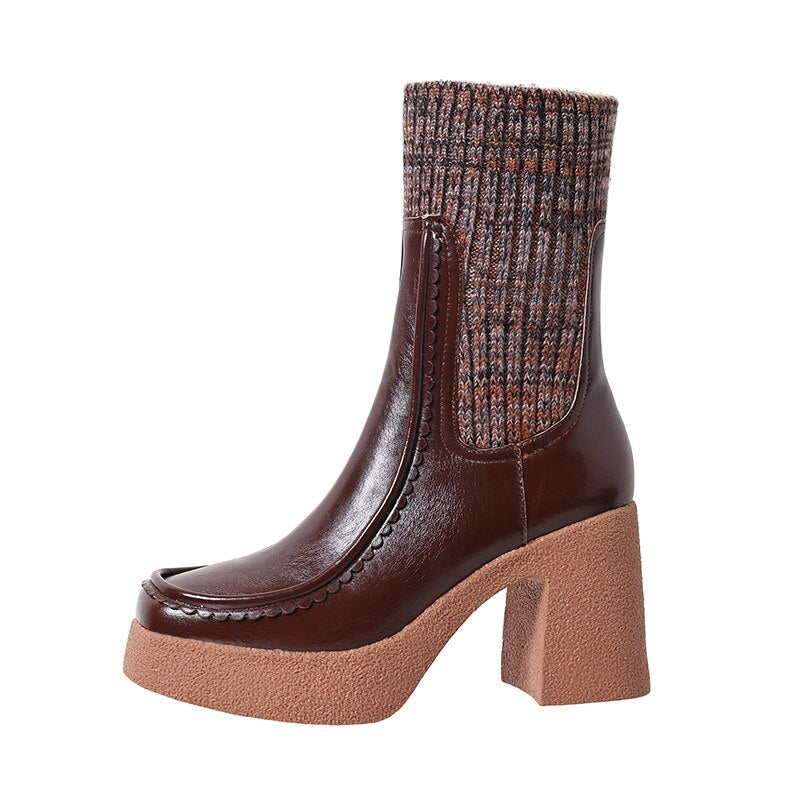 Chunky Platform Ankle Boots with Knit Cuff for Women - Image 35