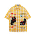 Yellow Plaid Cat Cartoon Short Sleeve Button-Up Shirt Harajuku