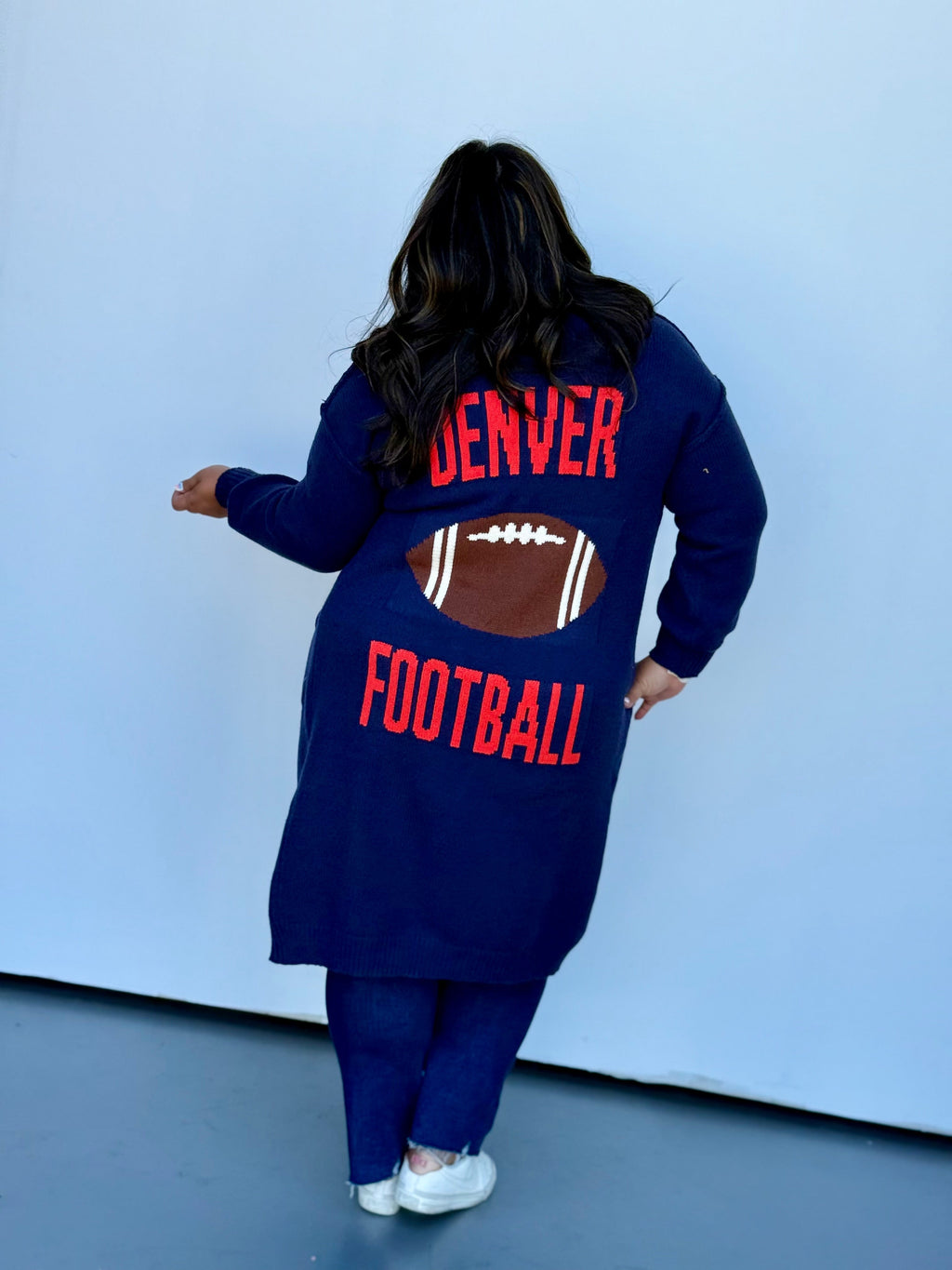Denver Football Cardigan - Knit Navy Blue Orange Sporty Sweater