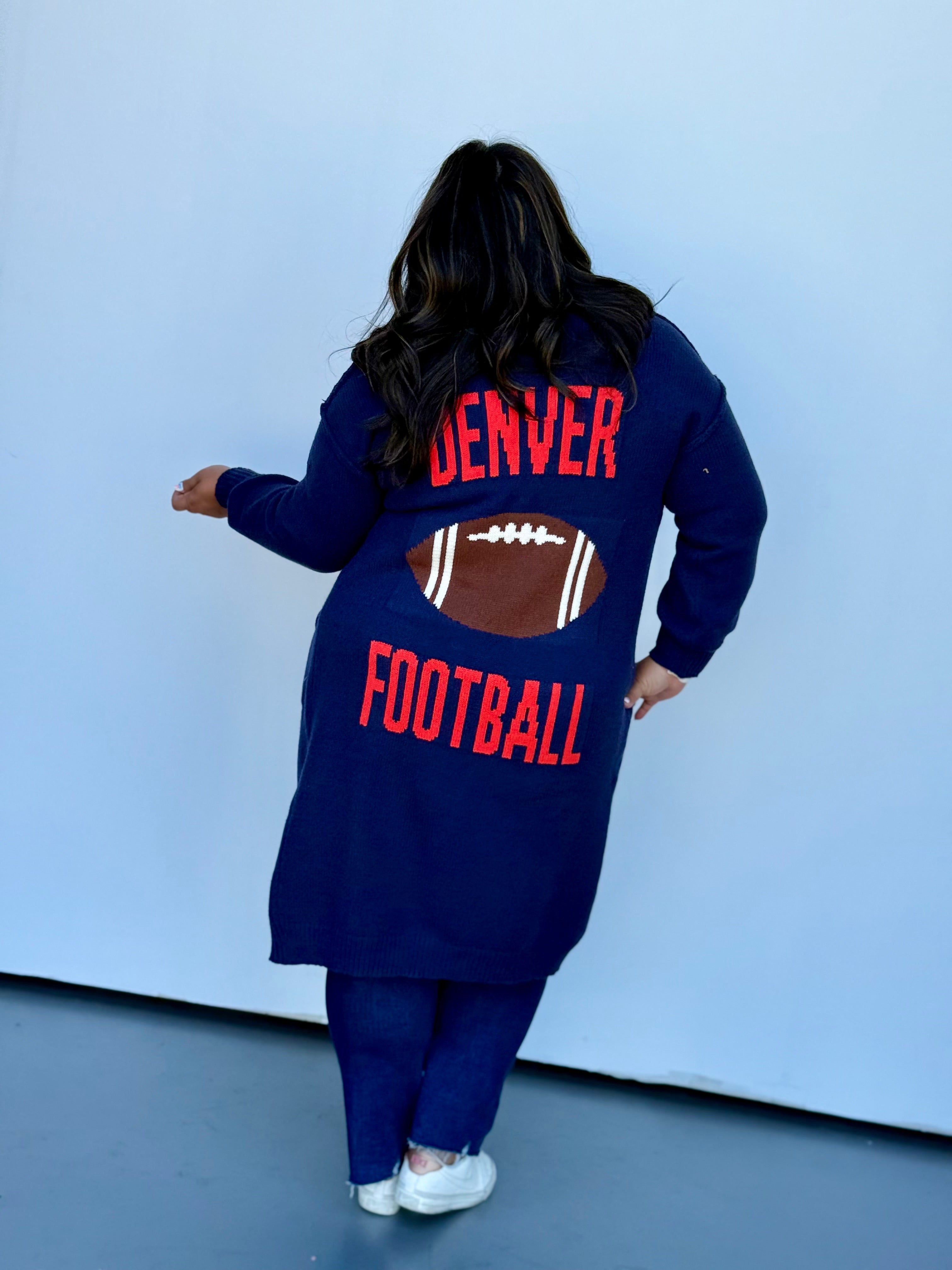 Denver Football Cardigan - Knit Navy Blue Orange Sporty Sweater