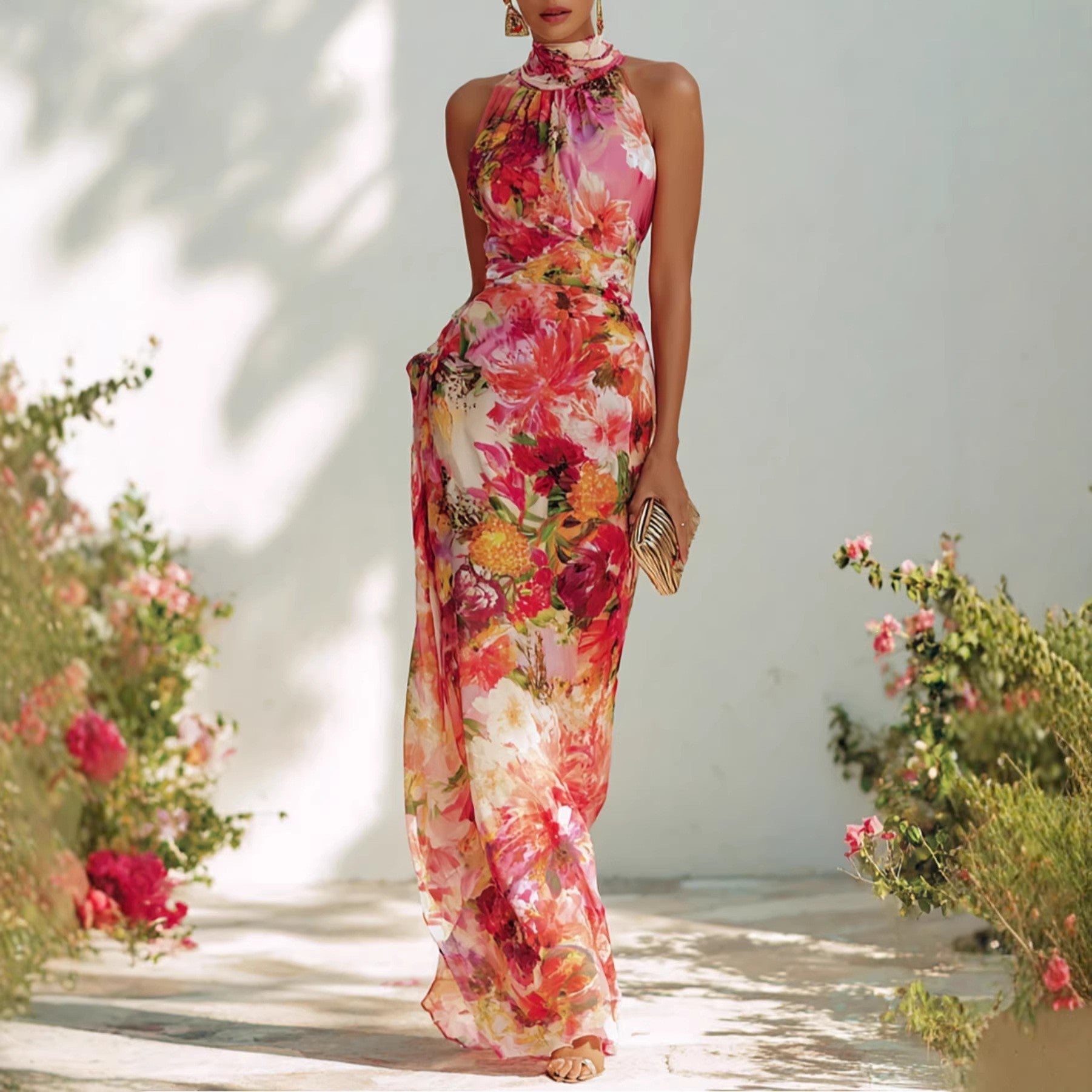 Floral Strapless Chiffon Maxi Dress A-Line Resort Wear