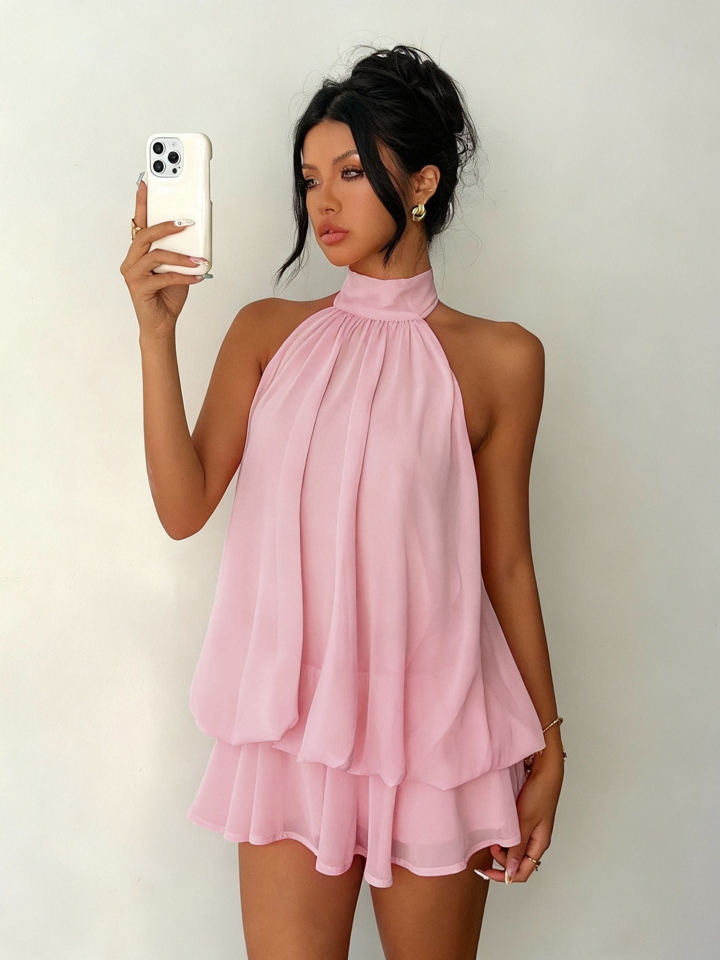 Backless Halter Neck High-Waist Mini Dress with Puffy Skirt