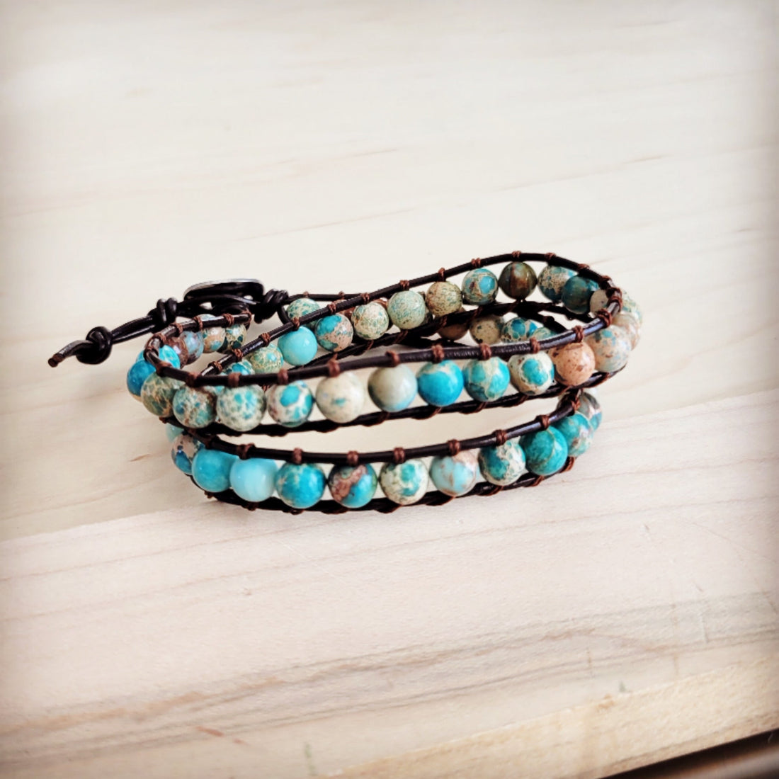 Genuine Imperial Jasper Beaded Leather Double Wrap Bracelet - Image 5