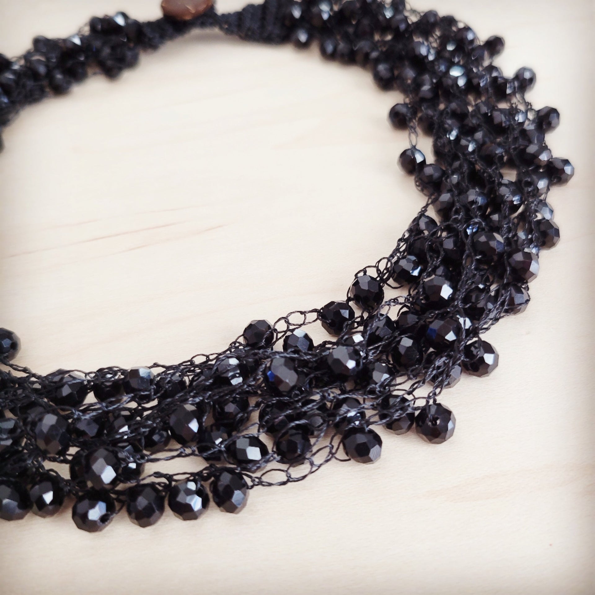 Black Crystal Cluster Statement Choker with Wooden Button - Image 2
