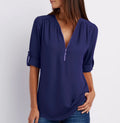 Women's Plus Size V-Neck Zip Chiffon Shirt