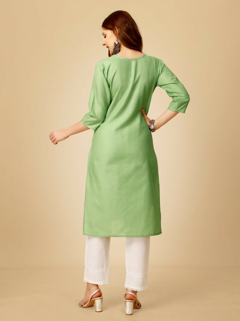 Women's Lime Green Embroidered Cotton Blend Kurta Pant Set