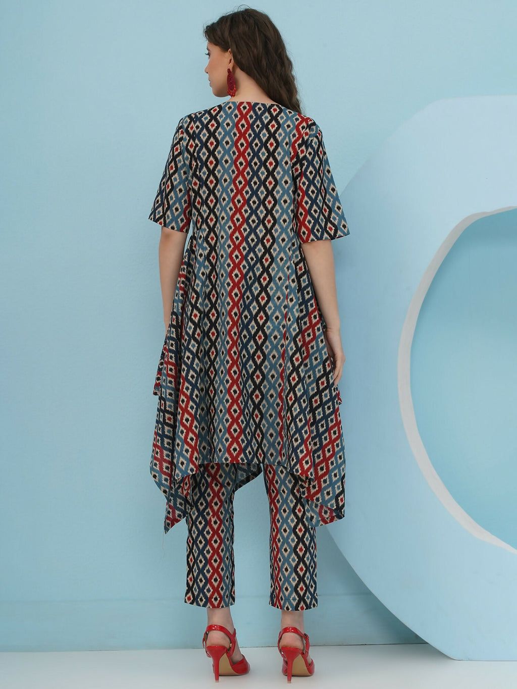 Blue Red Ikkat Printed Cotton Co-ord Set