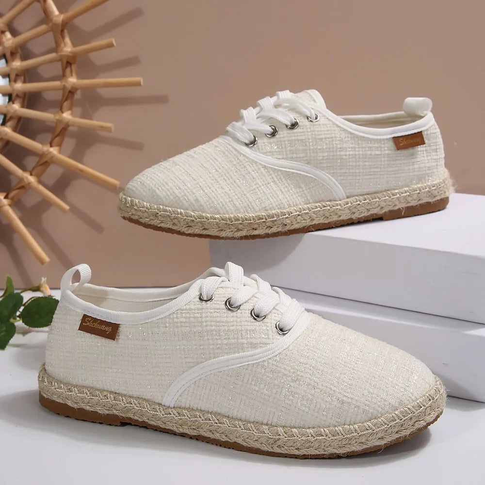 Tweed Lace-Up Round Toe Flat Sneakers Plaid Casual Shoes