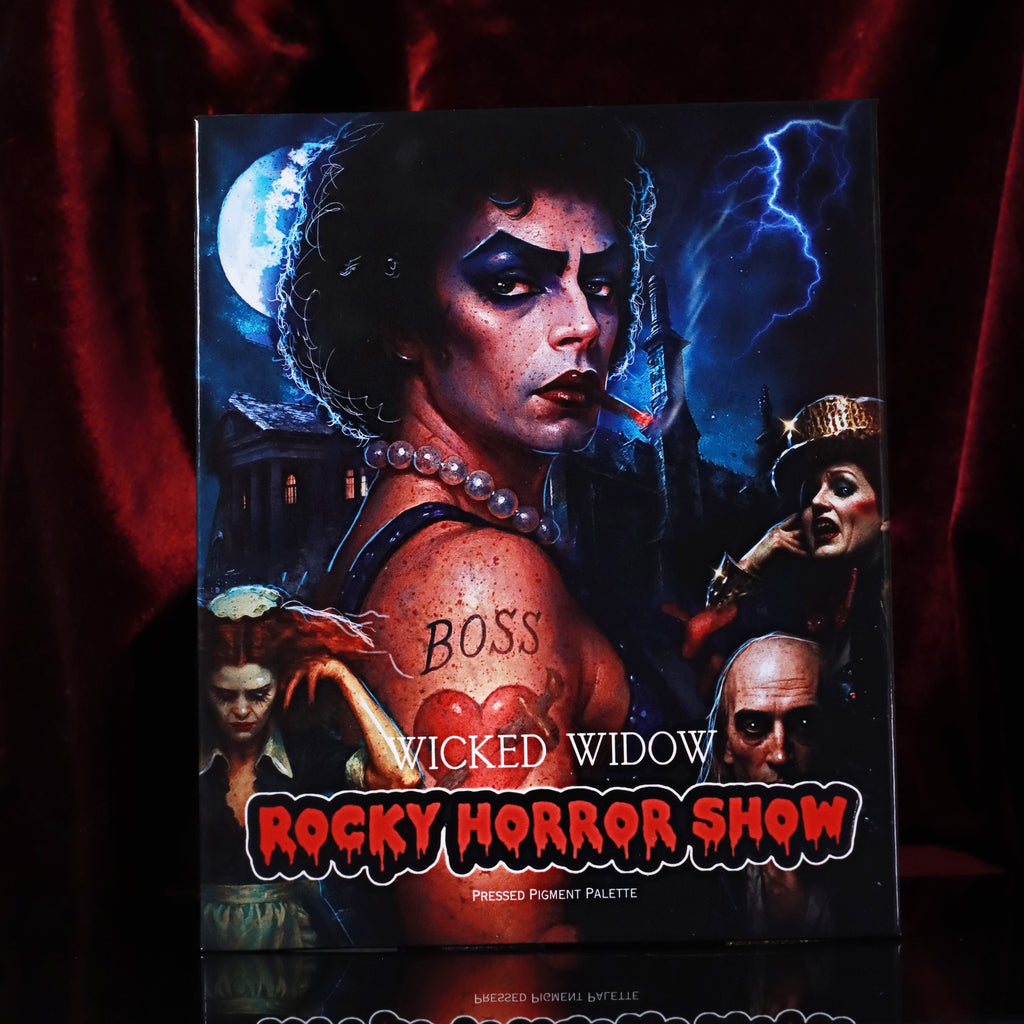 A magnetic eyeshadow palette featuring twenty unique shades with a Rocky Horror Show cinematic cover art.
