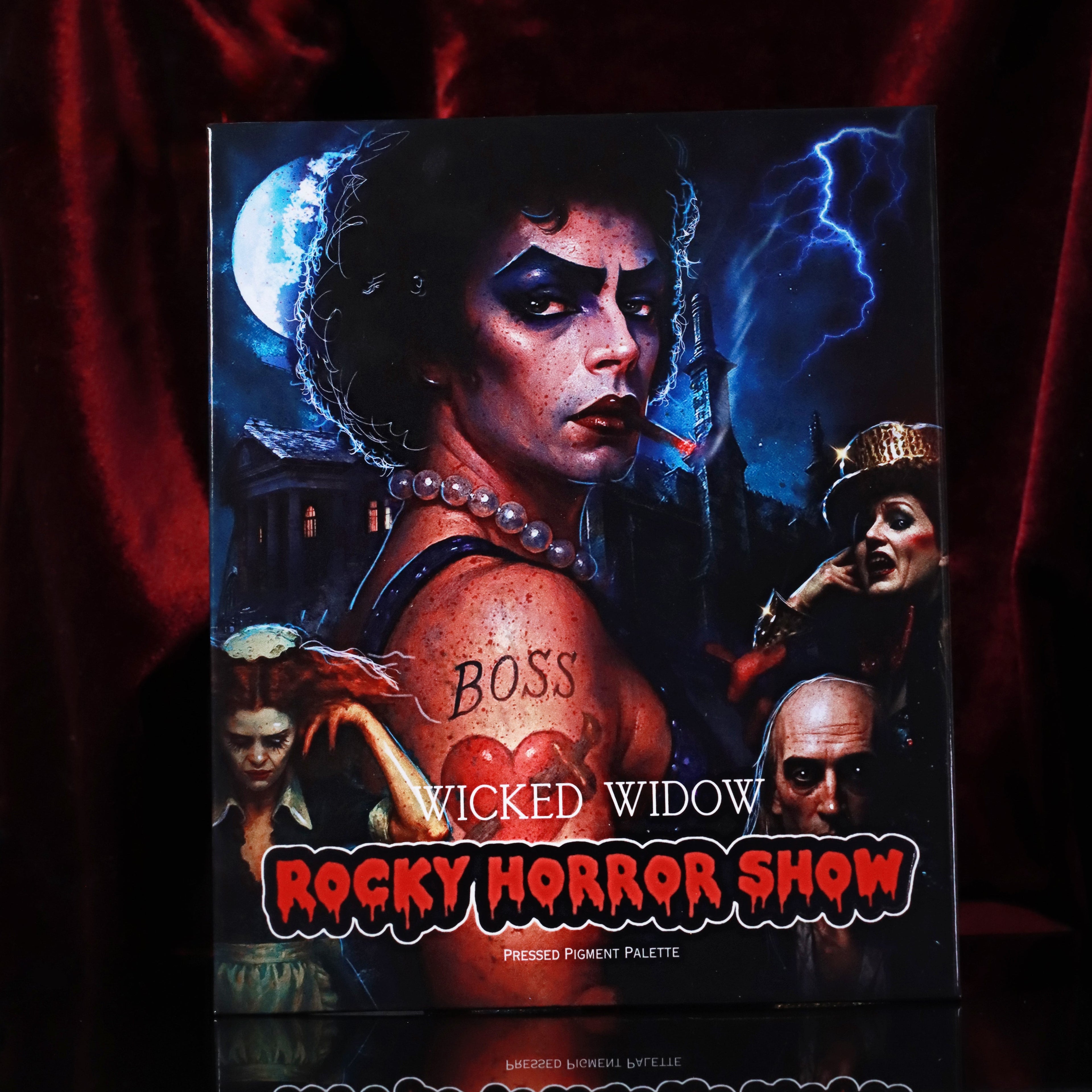 A magnetic eyeshadow palette featuring twenty unique shades with a Rocky Horror Show cinematic cover art.