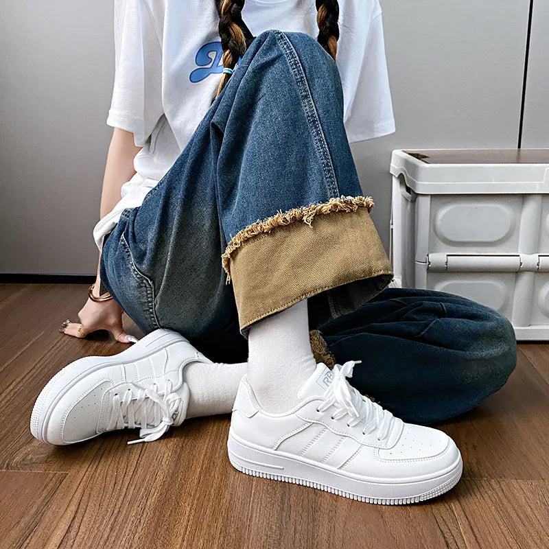 White Platform Lace-Up Round Toe Casual Chunky Sneakers