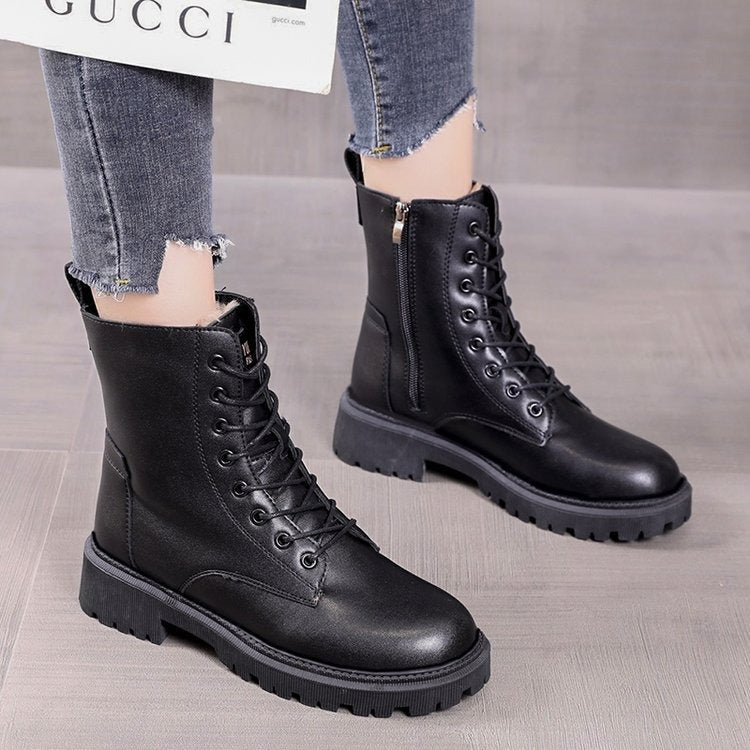 Women's Black Waterproof Combat Snow Boots with Faux Fur - Image 2