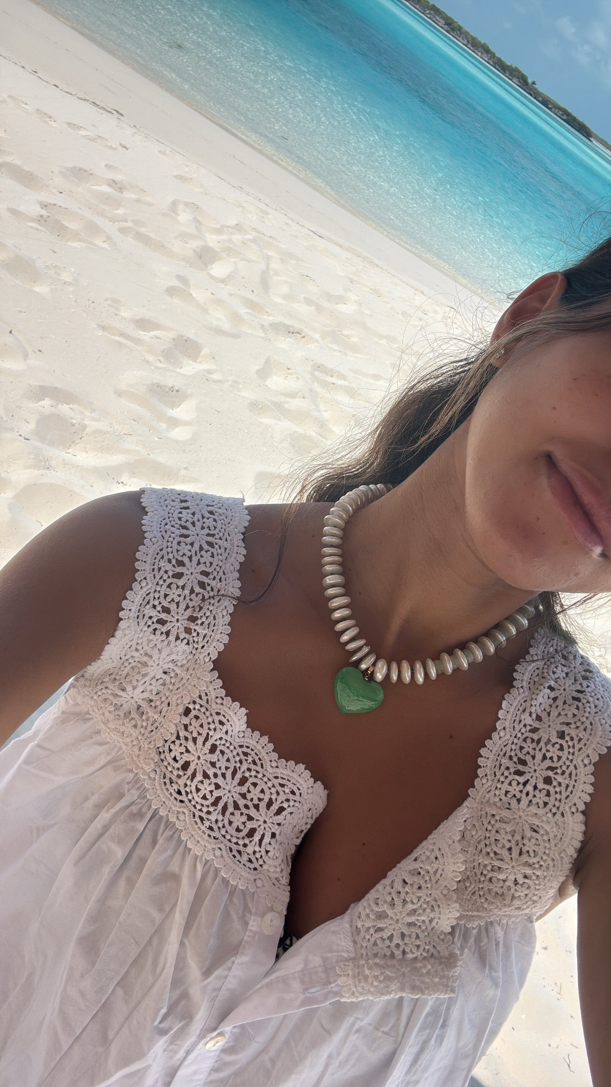 Green Heart Pendant Necklace - Fresh Water Pearl & Murano Glass Necklace