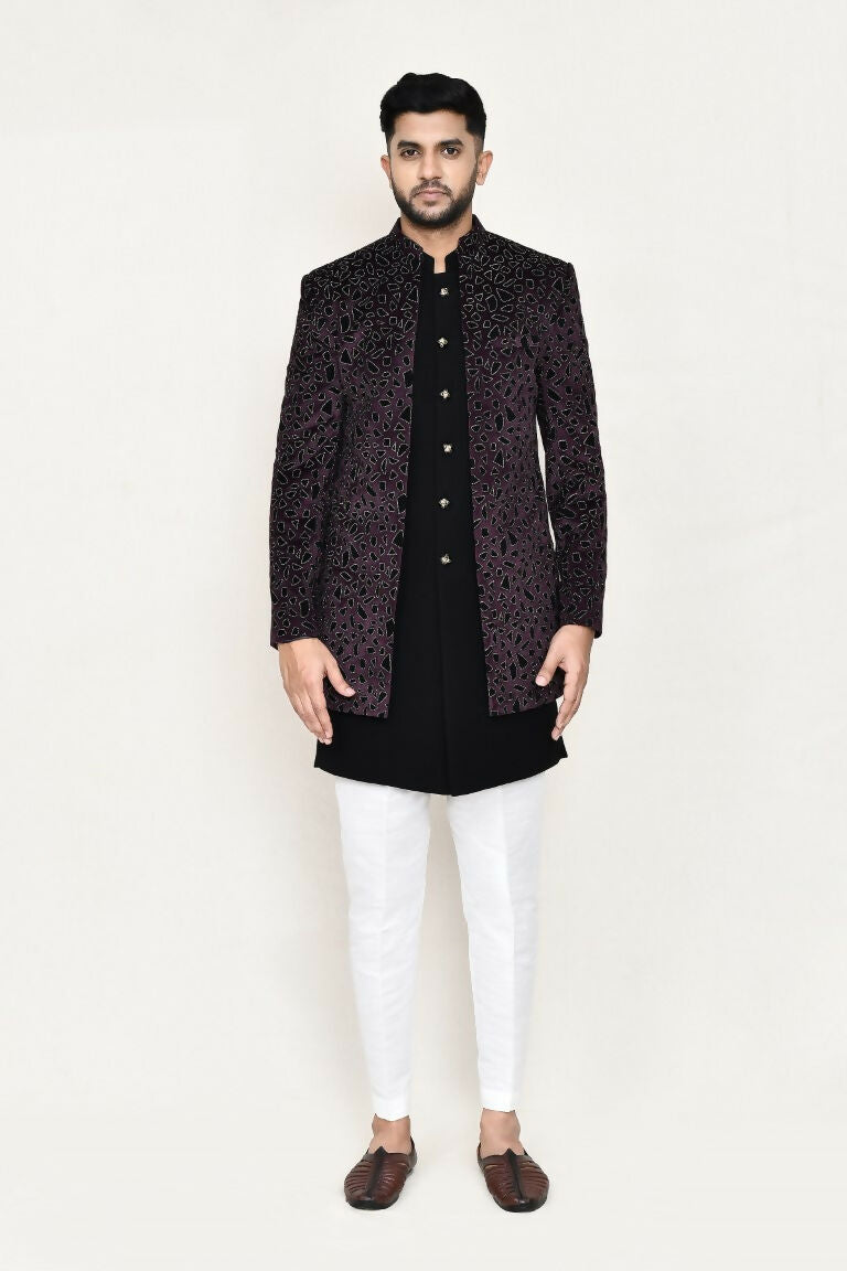 Black Velvet Indo-Western Open Jacket Set with Matching Pants