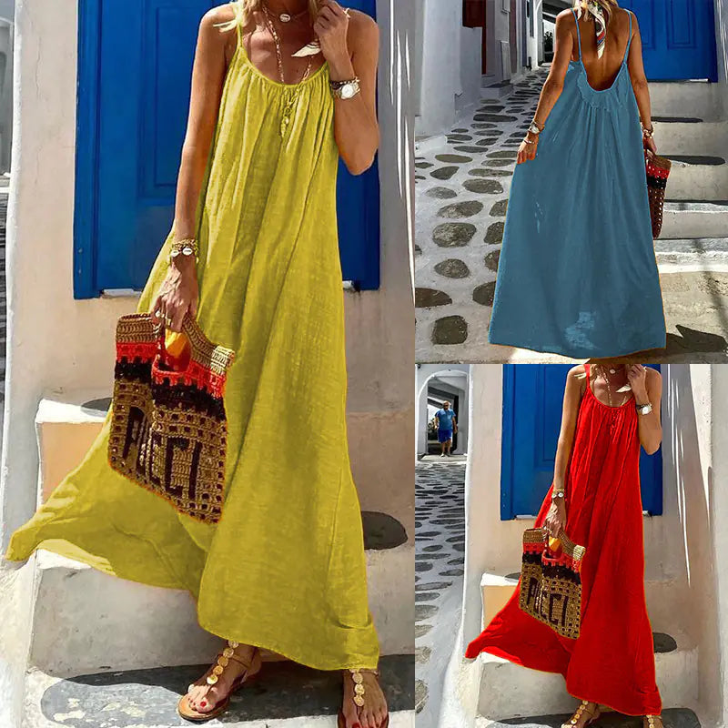 Women's Casual Cotton and Linen Blend Maxi Halter Dress - Image 5