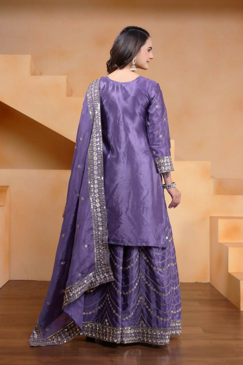 Purple Silk Embroidered Sharara Set with Kurti and Flared Pants