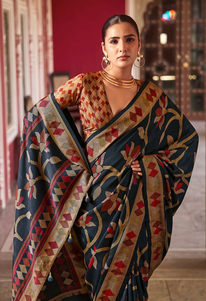 Navy Blue Silk Blend Printed Saree for Modern Ethnic Style