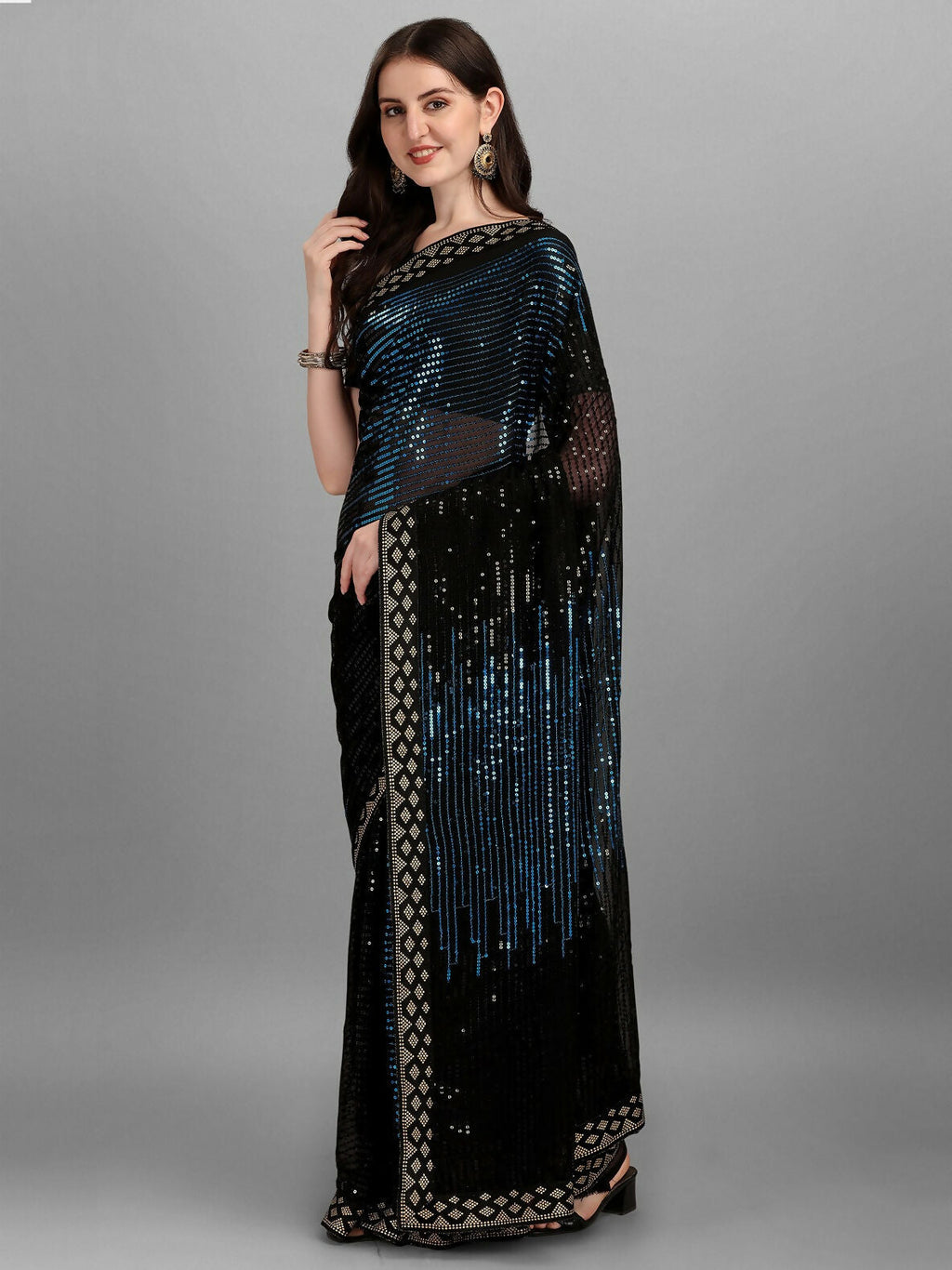 Vegaa Fashion Black Georgette Embroidered Party Wear Saree