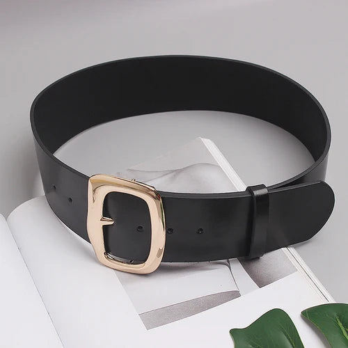 Wide Black Cowhide Waist Belt with Gold Buckle for Women - Image 7