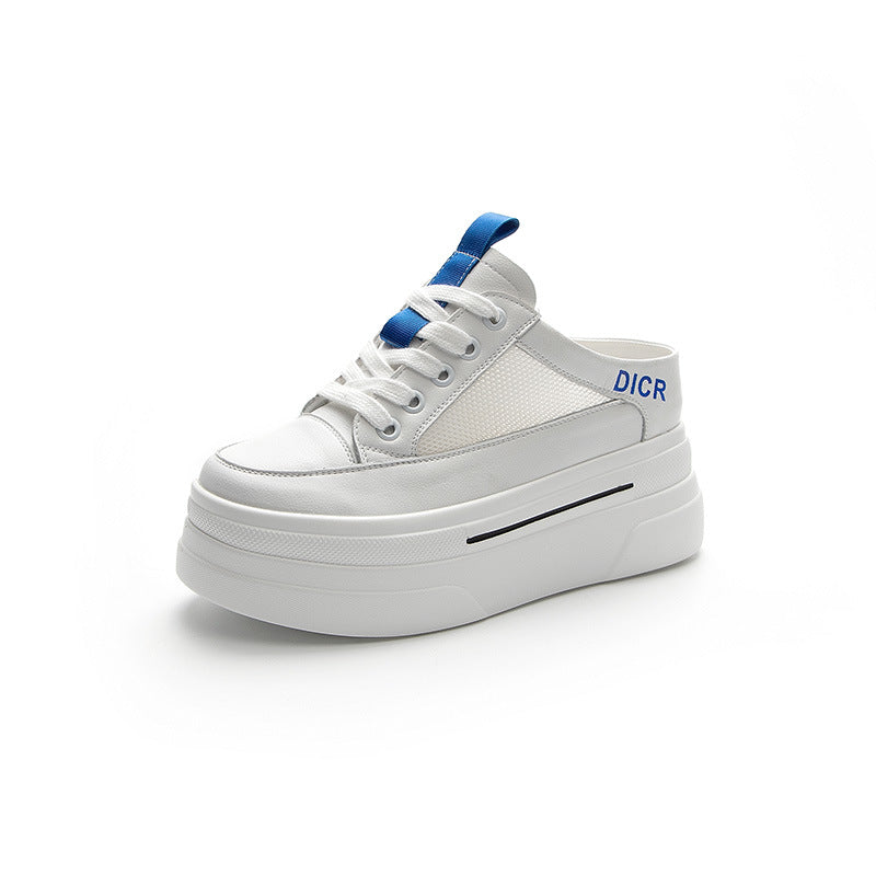 Women's white platform slip-on backless sneakers with chunky sole and blue accents