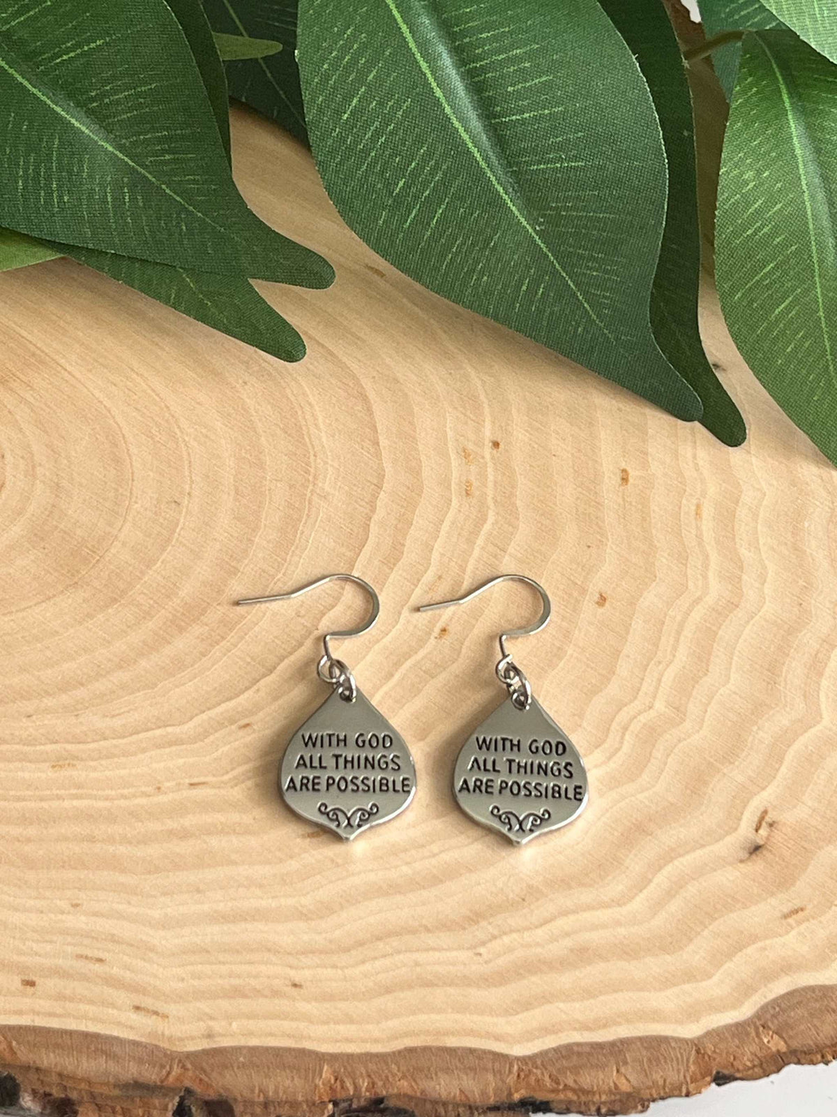 With God All Things Are Possible Silver Drop Earrings Religious