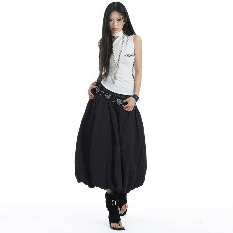 Women's Black Elastic High Waist Pleated Bubble Skirt - Image 3