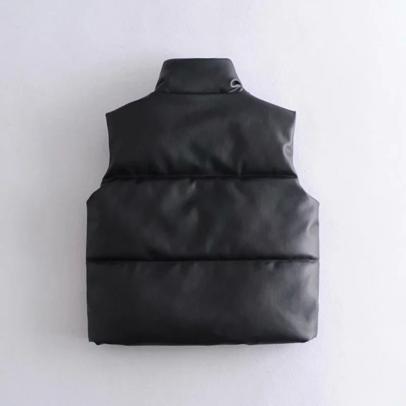 Women's Black Faux Leather Puffer Vest - Harajuku Style - Image 3