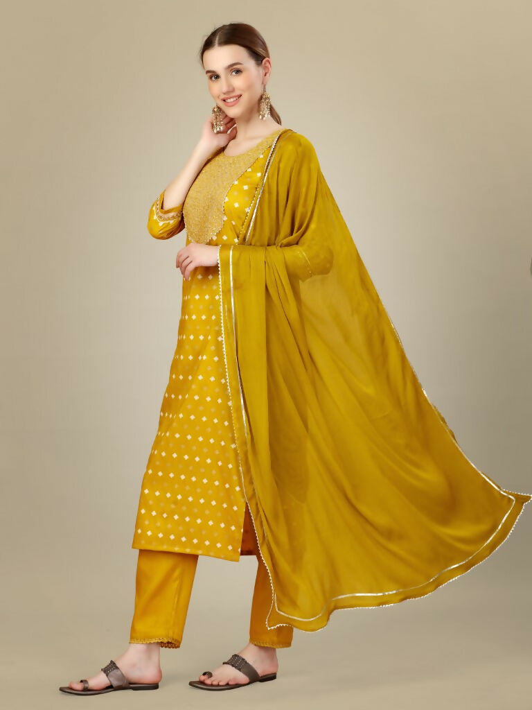 Golden Silk Blend Straight Kurta with Trouser and Dupatta Set
