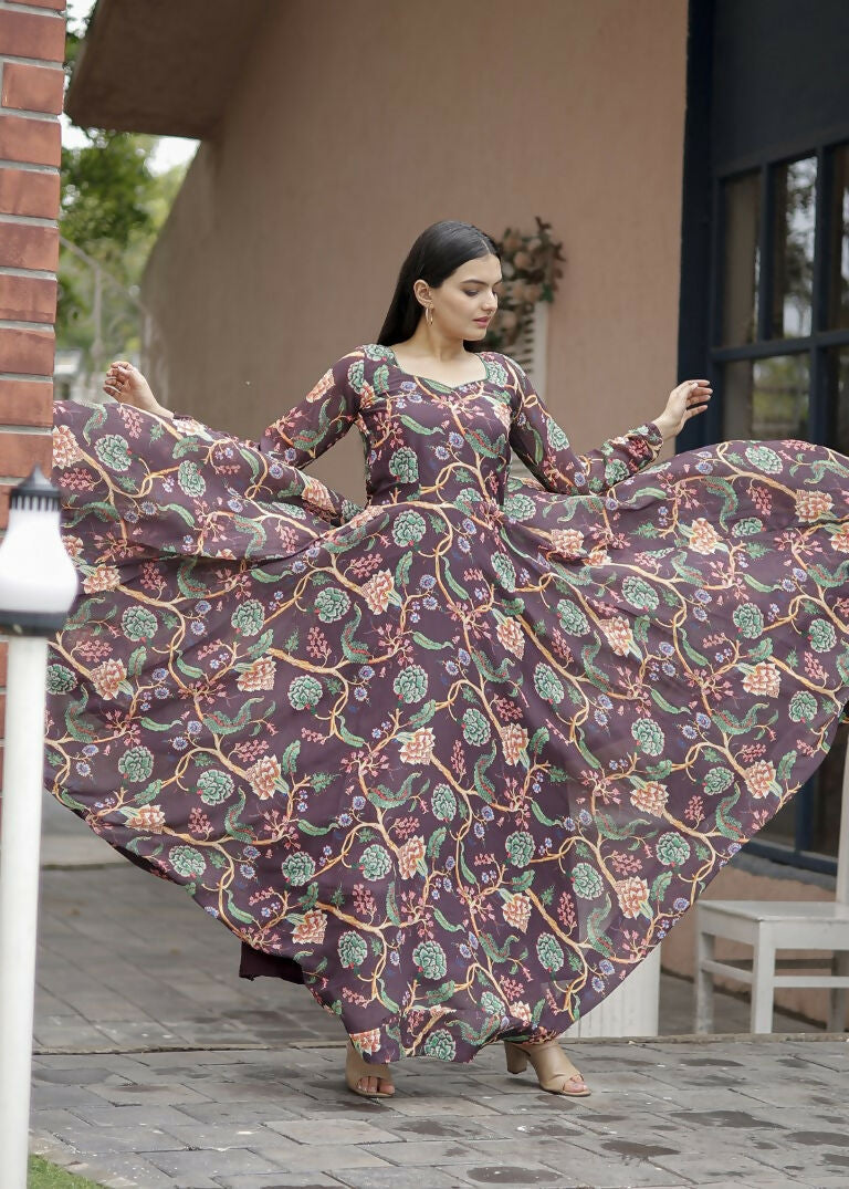 Coffee Faux Georgette Floral Digital Printed Anarkali Dress