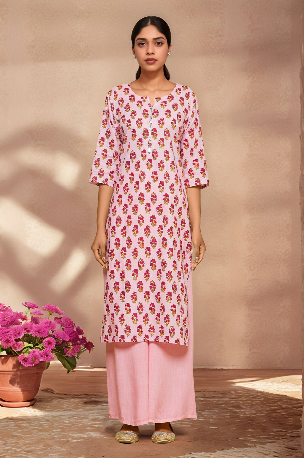 Pink flower printed cotton kurti with sequence embroidery on the neck