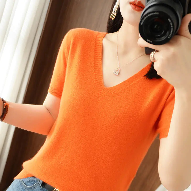 Women's Short Sleeve V-Neck Knit Sweater in Beige - Image 27