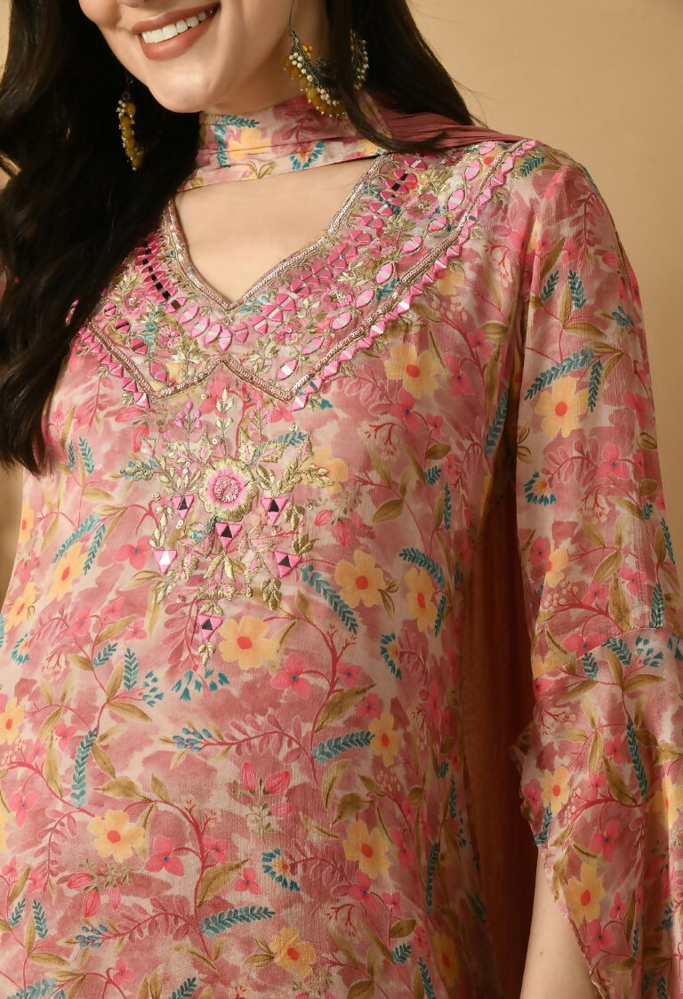 Rose Gold Chinnon Kurta Set with Organza Dupatta
