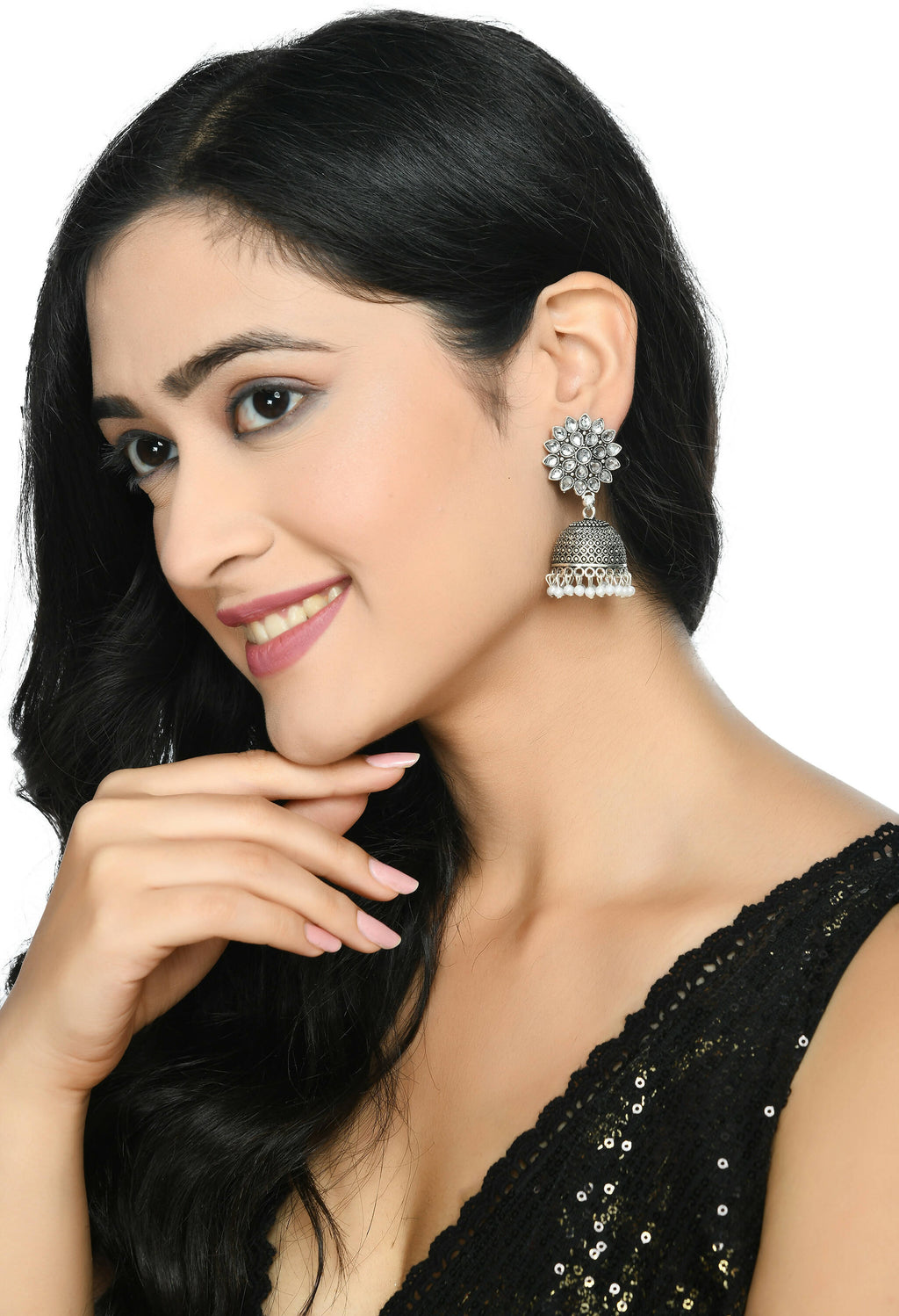 Joharkamal Kundan Jhumka Earrings with White Beads
