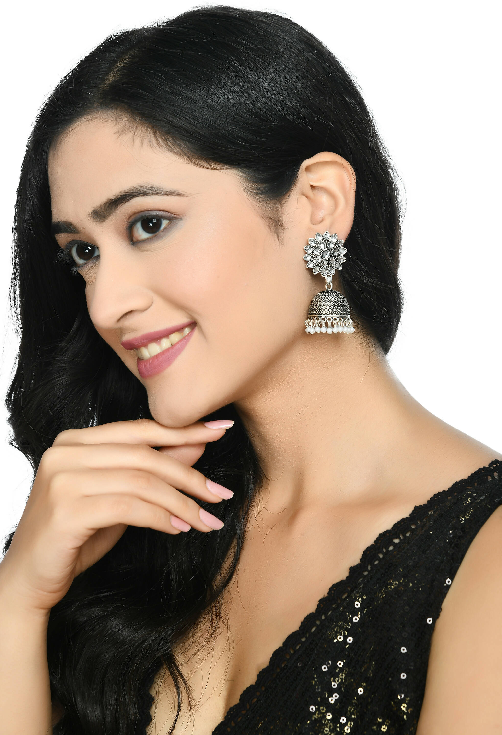 Joharkamal Kundan Jhumka Earrings with White Beads