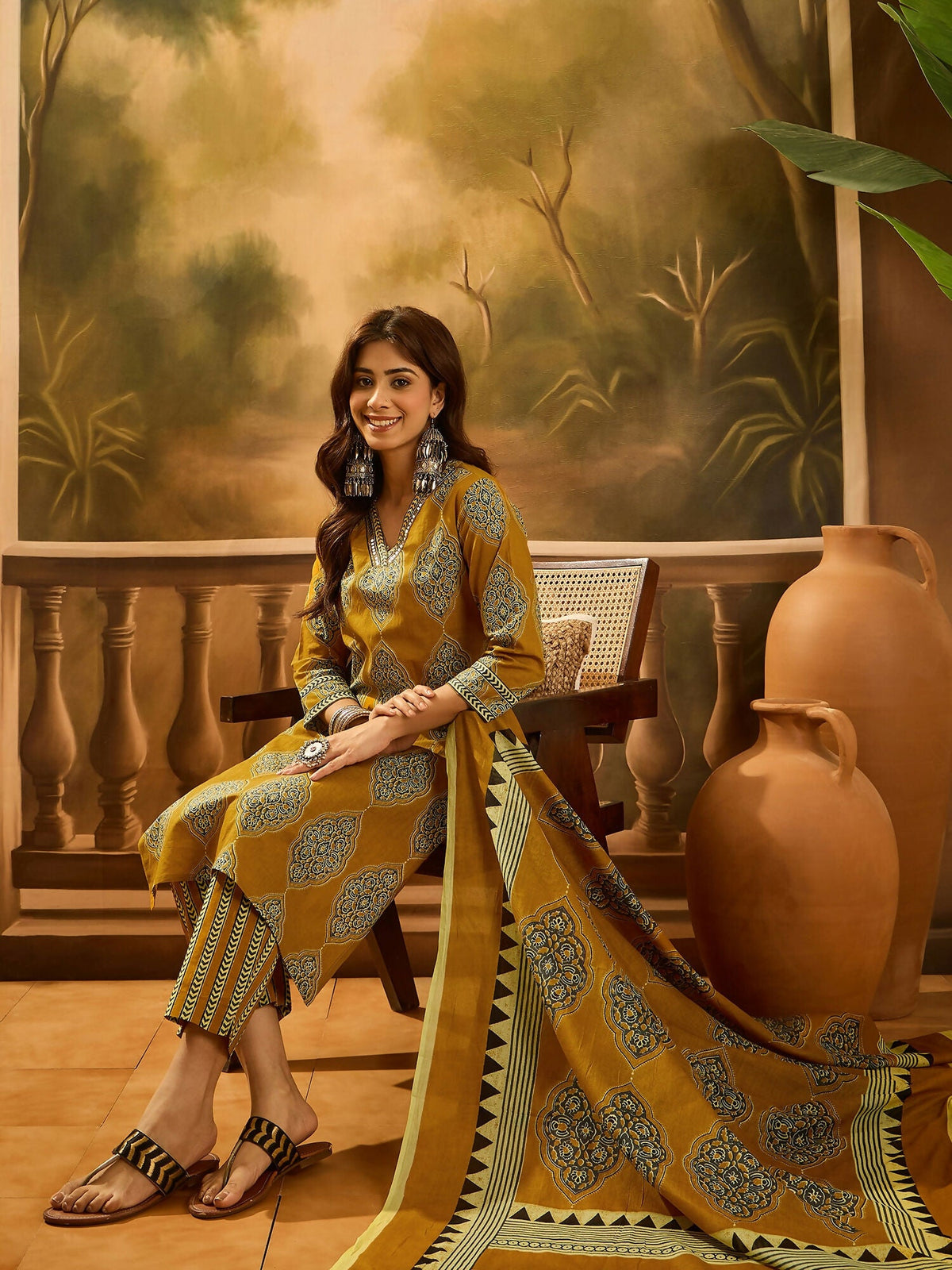 Mustard Printed Pure Cotton Kurta Set for Women