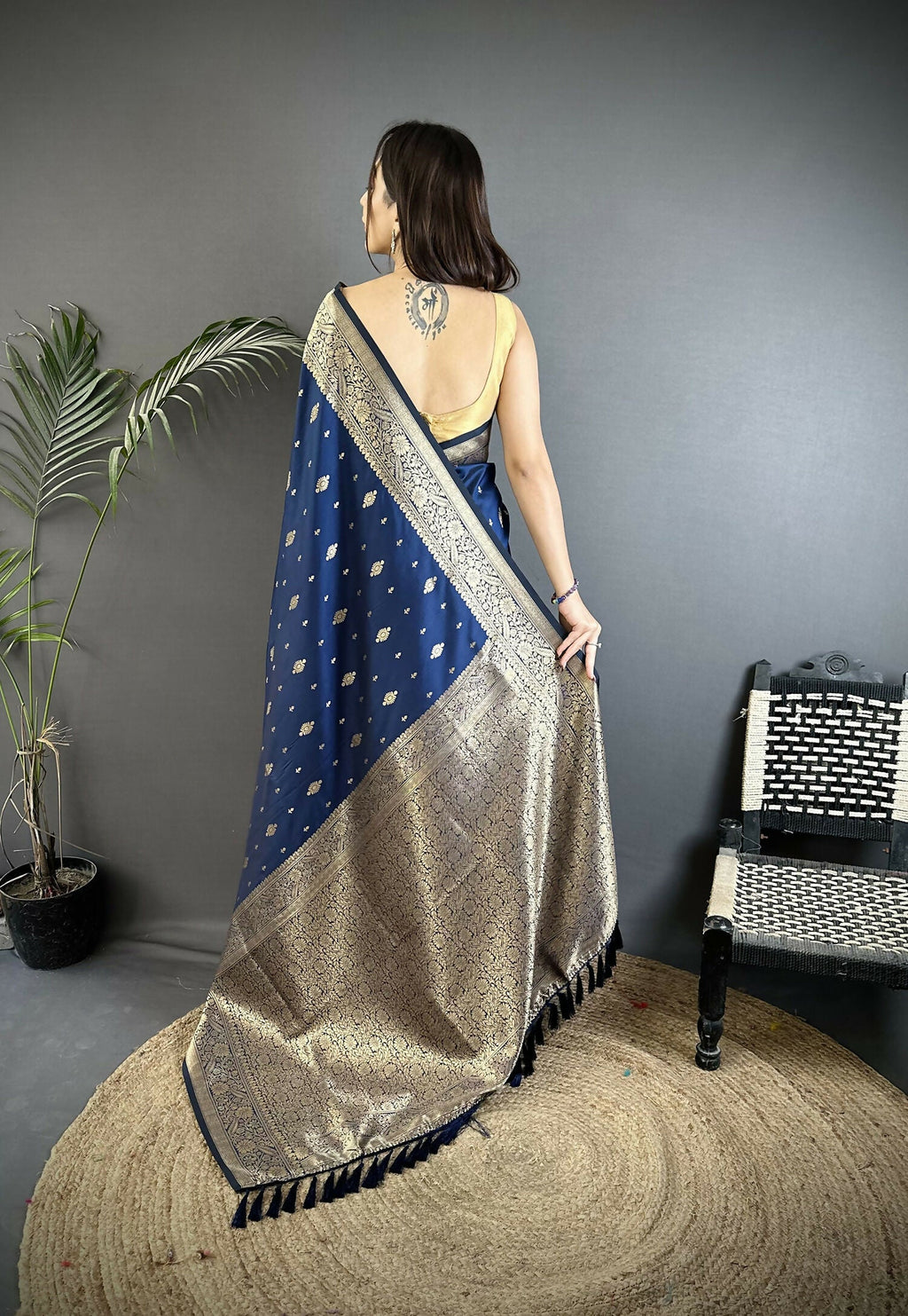 Navy Blue Lichi Silk Banarasi Saree with Zari Weaving Motifs