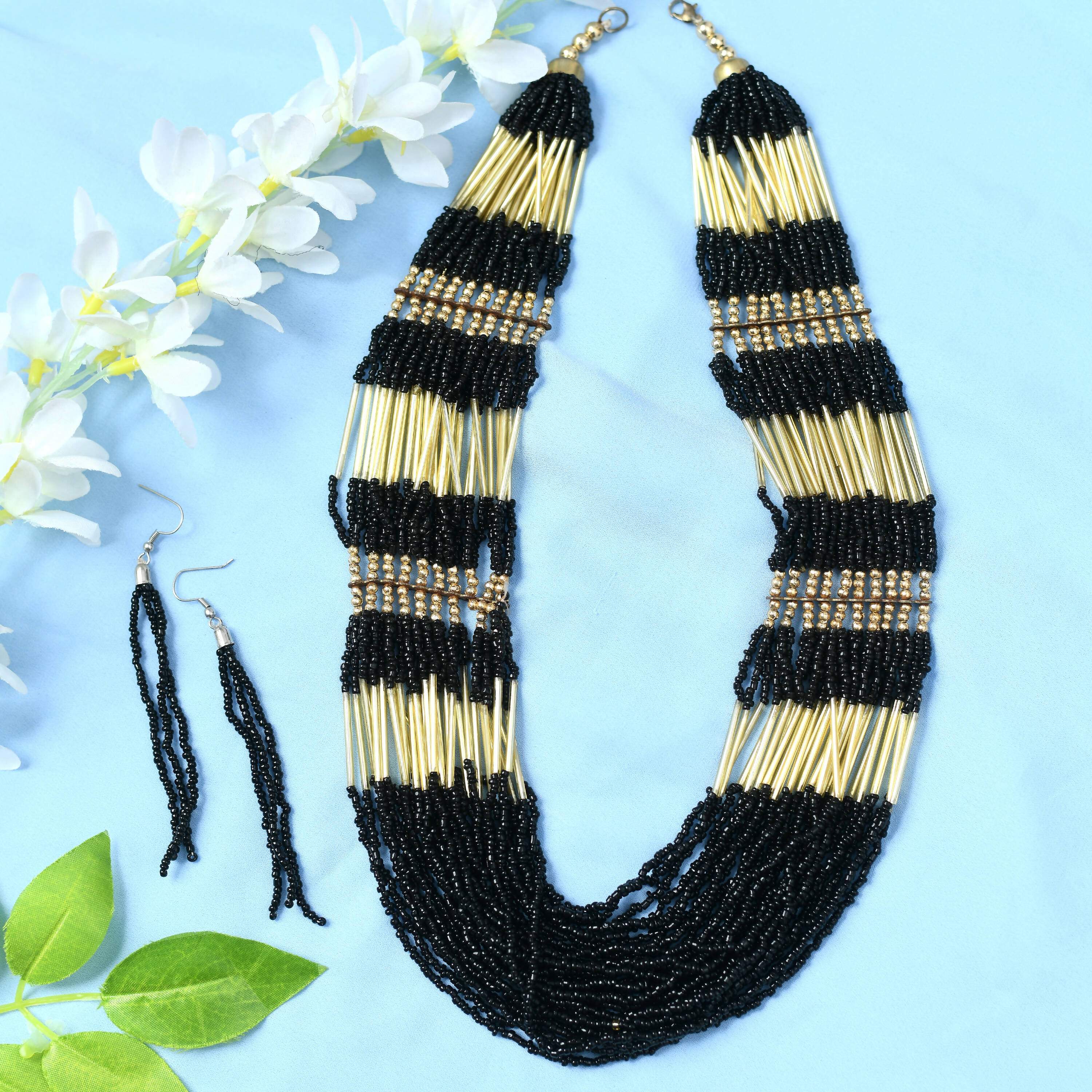 Handicraft finish long necklace with black and golden beadwork