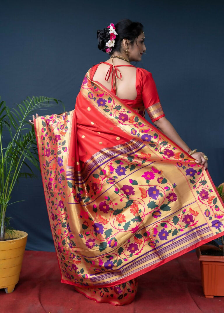 Women's Red Paithani Silk Saree with Zari Woven Border & Blouse