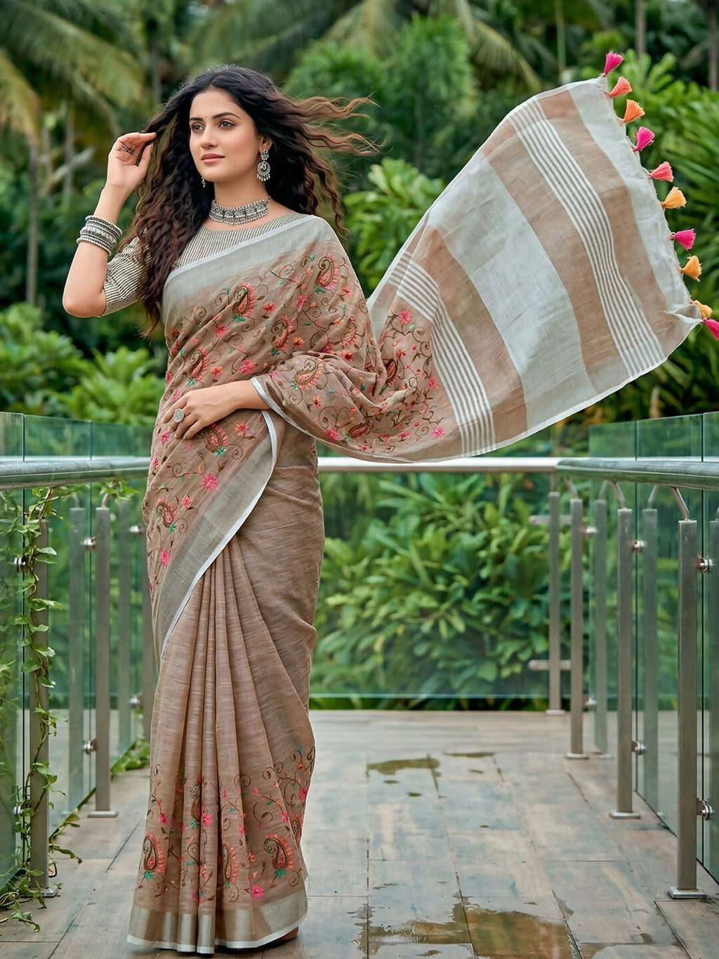 Brown Linen Saree with Coordinating Blouse Piece