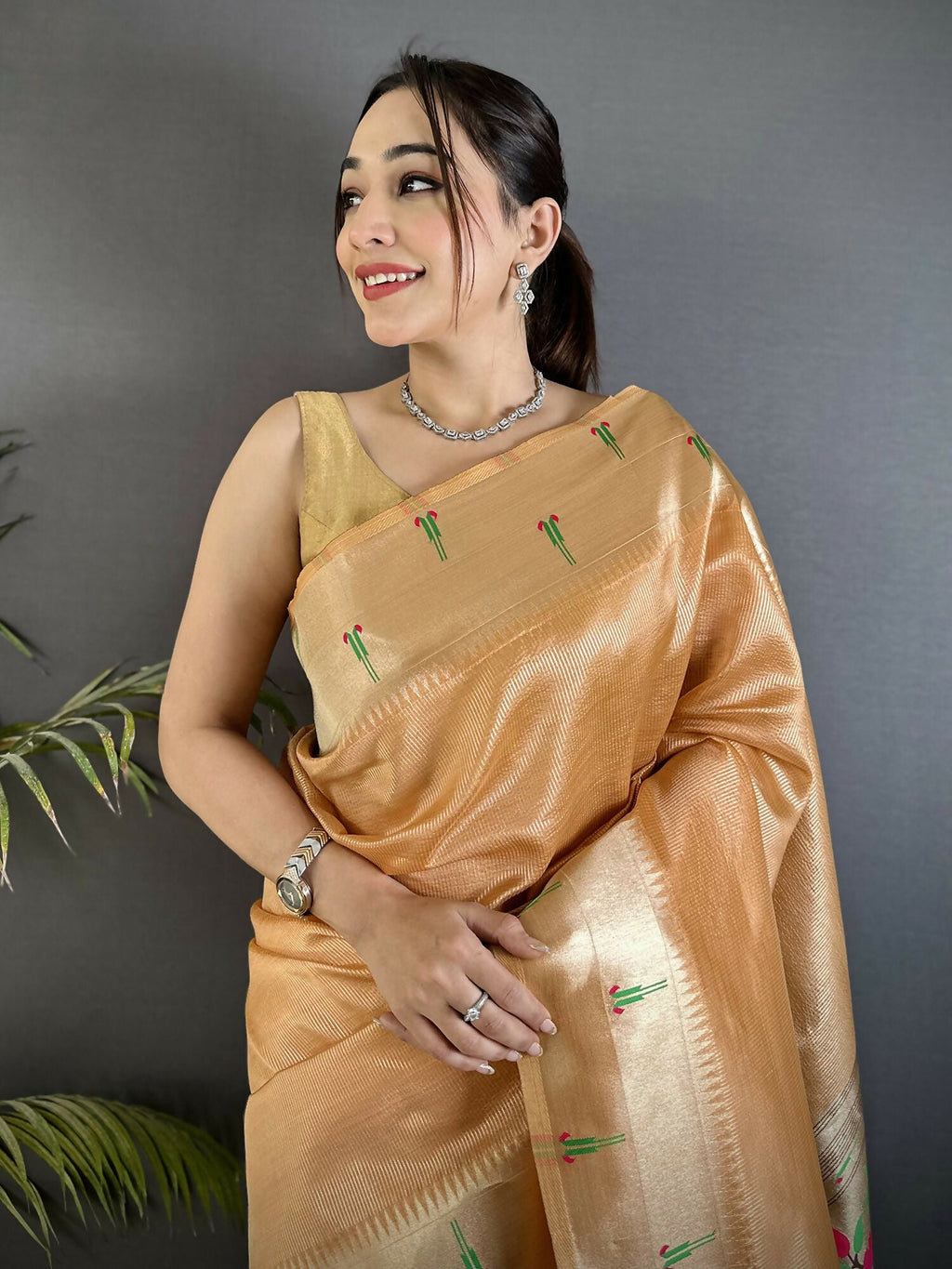 Joban Fashion Gold Yellow Peacock & Floral Motifs Tissue Paithani Saree