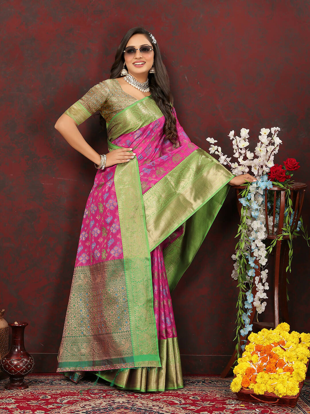 Pink Cotton Saree with Zari Meenakari Woven Design