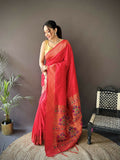 Vibrant red soft Lichi silk Paithani saree with elegant jacquard butti detailing