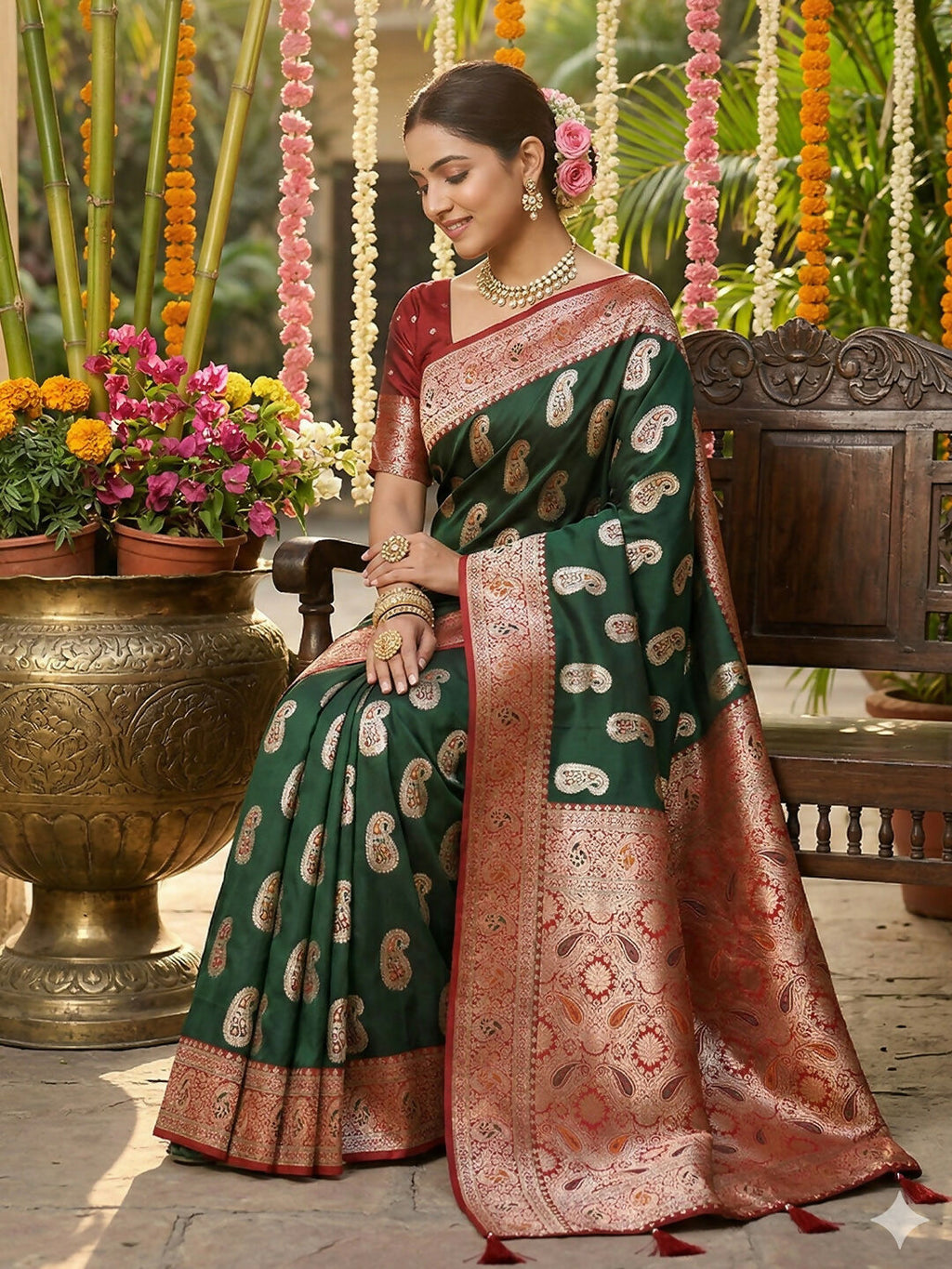 Green Silk Blend Saree with Matching Blouse Piece
