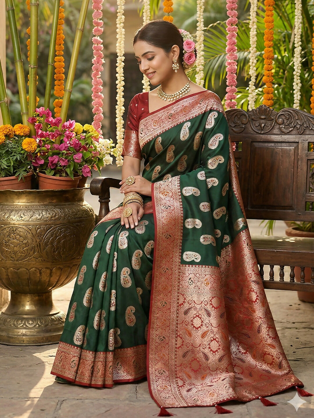 Green Silk Blend Saree with Matching Blouse Piece