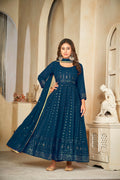Rama and gold embroidered georgette Anarkali kurta pant set