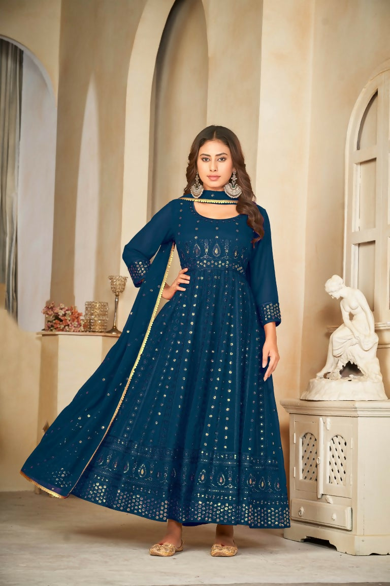 Rama and gold embroidered georgette Anarkali kurta pant set