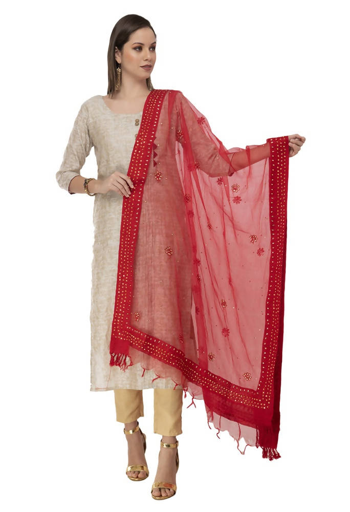 Luxurious Red Orgenza dupatta with intricate nug embroidery for festive occasions