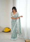See_Green Bright Moss Satin saree with patta print and matching blouse piece
