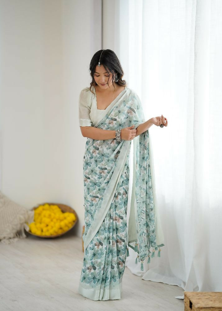 See_Green Bright Moss Satin saree with patta print and matching blouse piece